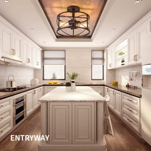 Alt view image 7 of 7 - 2-Light Semi Flush Mount Black Ceiling Light Fixture, Farmhouse Industrial Metal Cage with Adjustable Height, Dimmable for Hallway Entryway Kitchen Bedroom Foyer Laundry Low Ceiling