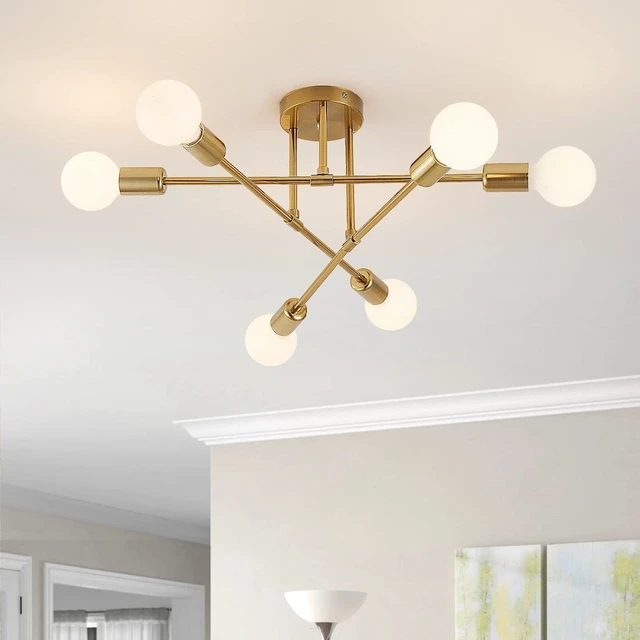 Main image of Semi Flush Mount Ceiling Light Fixture, 6 Lights Modern Sputnik Chandelier Ceiling Lamp with E26 Bulb Base, Light Fixtures Ceiling Mount for Bedroom Kitchen Living Room Hallway (Gold)