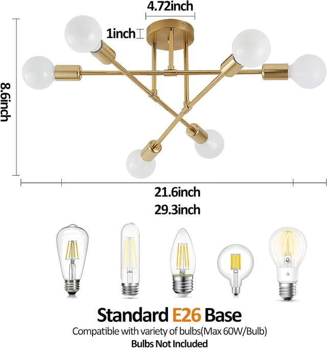 Alt view image 2 of 7 - Semi Flush Mount Ceiling Light Fixture, 6 Lights Modern Sputnik Chandelier Ceiling Lamp with E26 Bulb Base, Light Fixtures Ceiling Mount for Bedroom Kitchen Living Room Hallway (Gold)
