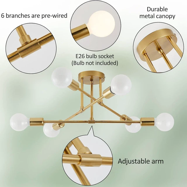 Alt view image 3 of 7 - Semi Flush Mount Ceiling Light Fixture, 6 Lights Modern Sputnik Chandelier Ceiling Lamp with E26 Bulb Base, Light Fixtures Ceiling Mount for Bedroom Kitchen Living Room Hallway (Gold)
