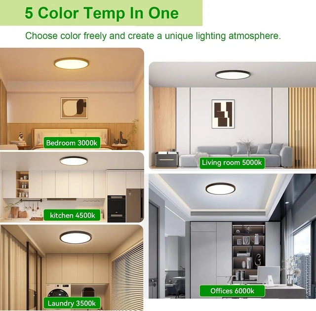 Alt view image 2 of 6 - Hunhun 2 Pack 3200lm LED Flush Mount Ceiling Light 28W 12 Inch 5CCT Adjustable Super Slim 0.87 inch Round Ceiling Lamp for Bedroom, Living Room, Kitchen, Laundry - Black