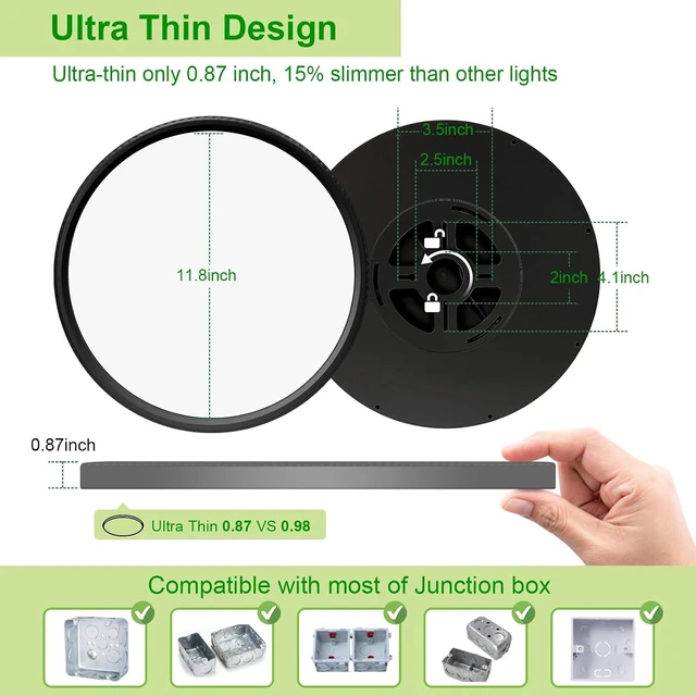 Alt view image 4 of 6 - Hunhun 2 Pack 3200lm LED Flush Mount Ceiling Light 28W 12 Inch 5CCT Adjustable Super Slim 0.87 inch Round Ceiling Lamp for Bedroom, Living Room, Kitchen, Laundry - Black