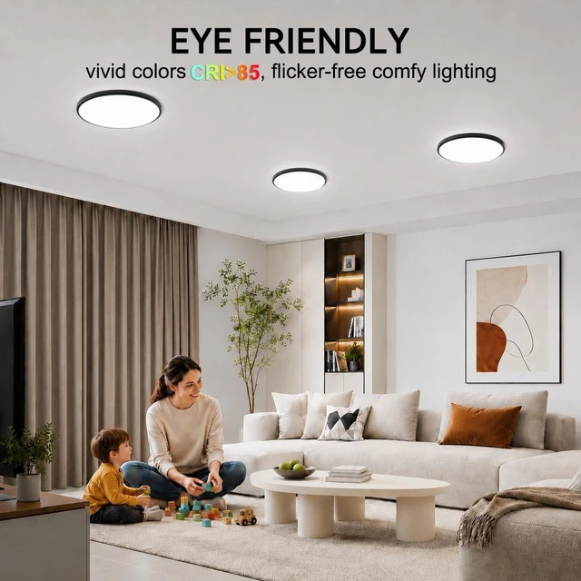 Alt view image 6 of 6 - Hunhun 2 Pack 3200lm LED Flush Mount Ceiling Light 28W 12 Inch 5CCT Adjustable Super Slim 0.87 inch Round Ceiling Lamp for Bedroom, Living Room, Kitchen, Laundry - Black