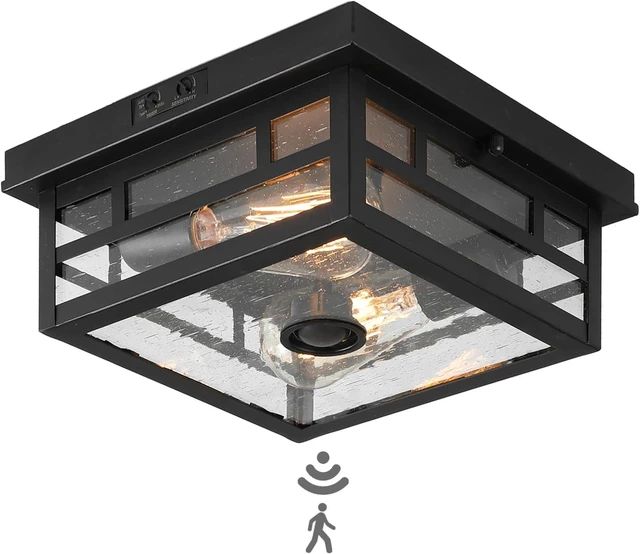 Main image of CALOKES Outdoor Flush Mount Motion Sensor Ceiling Light - Timeless Industrial Design with Seeded Clear Glass for Your Porch, Driveway, Covered Patio, Farmhouse, and Entryway