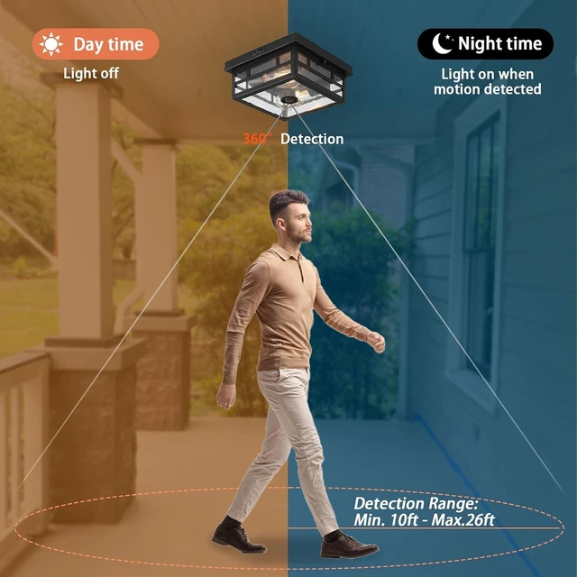 Alt view image 2 of 7 - CALOKES Outdoor Flush Mount Motion Sensor Ceiling Light - Timeless Industrial Design with Seeded Clear Glass for Your Porch, Driveway, Covered Patio, Farmhouse, and Entryway