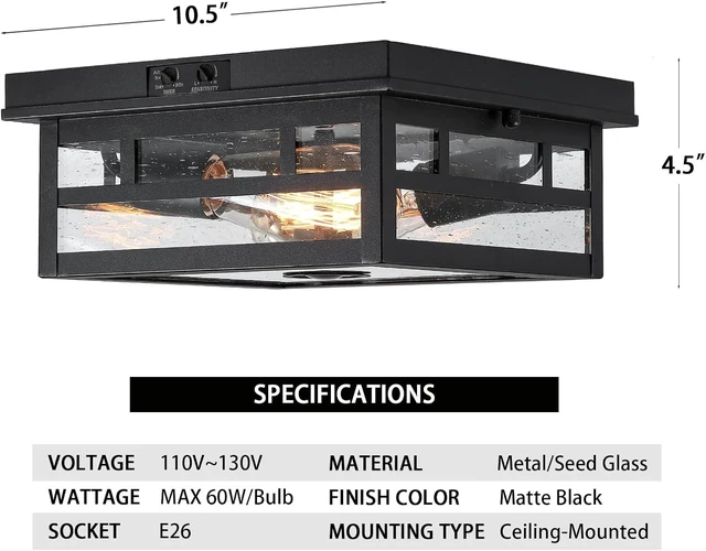 Alt view image 4 of 7 - CALOKES Outdoor Flush Mount Motion Sensor Ceiling Light - Timeless Industrial Design with Seeded Clear Glass for Your Porch, Driveway, Covered Patio, Farmhouse, and Entryway