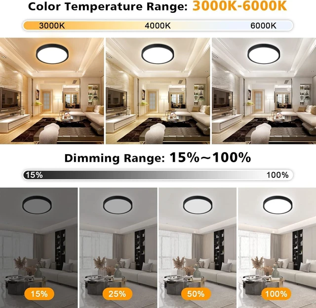 Alt view image 2 of 7 - Unicozin Dimmable LED Flush Mount Ceiling Light with Remote Control, Wired 3000K-6000K Color Changing, 12Inch 24W(150W Equiv) 2200LM, Round Flat Ceiling Lamp Black for Bedroom, Living Room, Kitchen