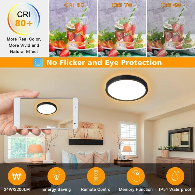 Alt view image 4 of 7 - Unicozin Dimmable LED Flush Mount Ceiling Light with Remote Control, Wired 3000K-6000K Color Changing, 12Inch 24W(150W Equiv) 2200LM, Round Flat Ceiling Lamp Black for Bedroom, Living Room, Kitchen