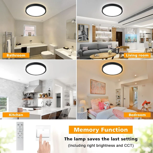 Alt view image 5 of 7 - Unicozin Dimmable LED Flush Mount Ceiling Light with Remote Control, Wired 3000K-6000K Color Changing, 12Inch 24W(150W Equiv) 2200LM, Round Flat Ceiling Lamp Black for Bedroom, Living Room, Kitchen