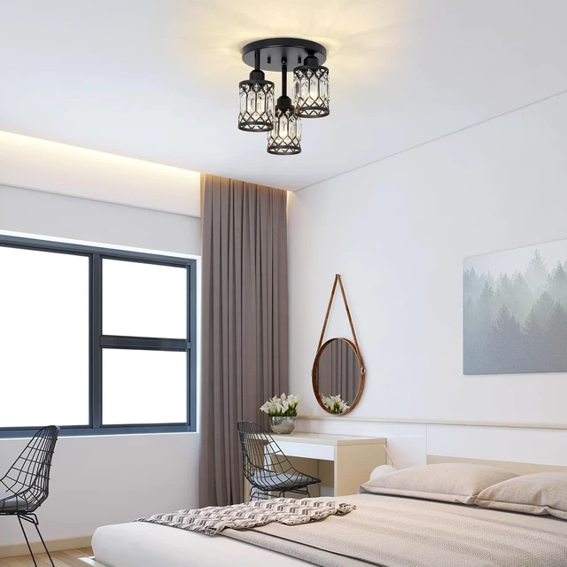 Alt view image 6 of 7 - PAUFUL Semi Flush Mount Ceiling Light,3-Light Modern Crystal Close to Ceiling Light Fixtures, Black Kitchen Light Fixtures with Clear Crystal Shade,Hallway Light Fixtures for Hallway Bedroom Bathroom