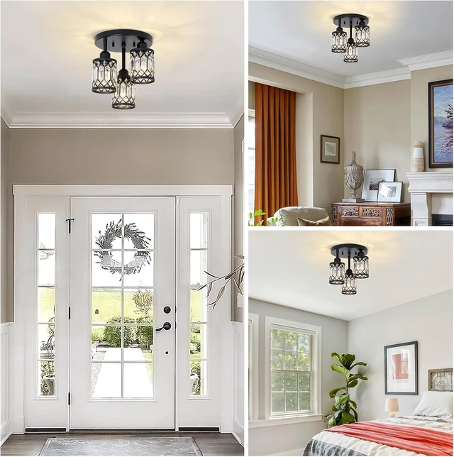 Alt view image 7 of 7 - PAUFUL Semi Flush Mount Ceiling Light,3-Light Modern Crystal Close to Ceiling Light Fixtures, Black Kitchen Light Fixtures with Clear Crystal Shade,Hallway Light Fixtures for Hallway Bedroom Bathroom