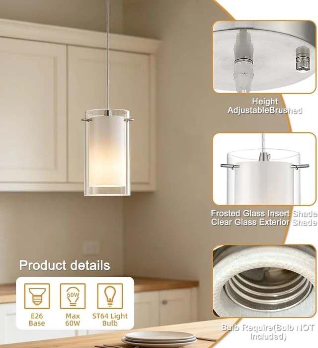 Alt view image 6 of 7 - AKEZON Pendant Lights Kitchen Island 2 Pack, Brushed Nickel, Adjust Height