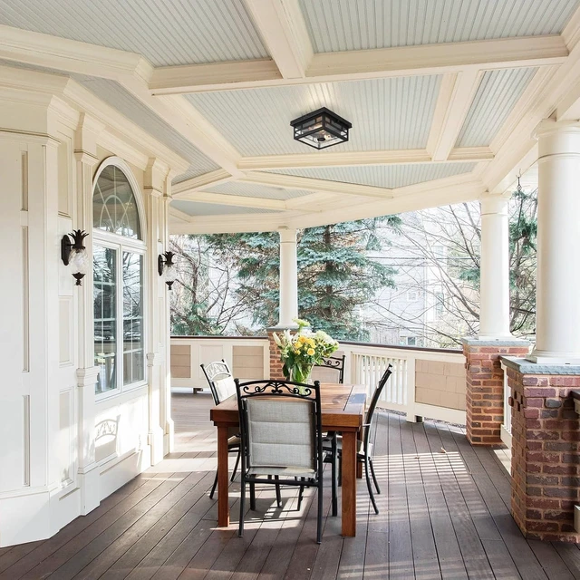 Alt view image 6 of 7 - CALOKES Outdoor Flush Mount Motion Sensor Ceiling Light - Timeless Industrial Design with Seeded Clear Glass for Your Porch, Driveway, Covered Patio, Farmhouse, and Entryway