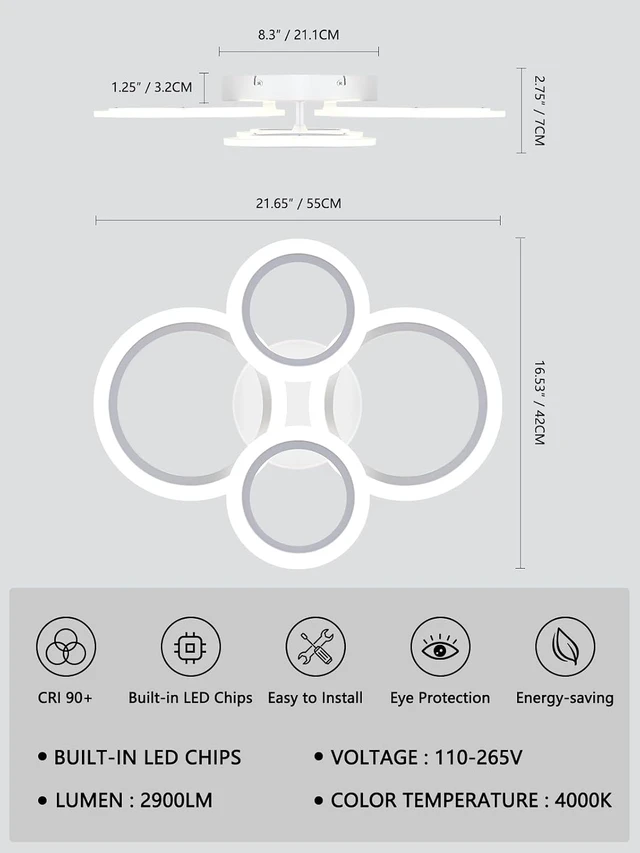 Alt view image 3 of 7 - Modern LED Ceiling Light, White, 4 Rings