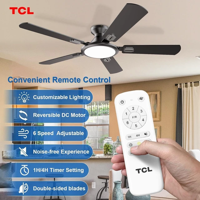 Alt view image 2 of 7 - TCL Ceiling Fans with Lights, 52 Inch Low Profile Ceiling Fan with Light and Remote Control, Flush Mount, DC Reversible Motor, Noiseless, 6 Speeds Ceiling Fan for Bedroom (Black)