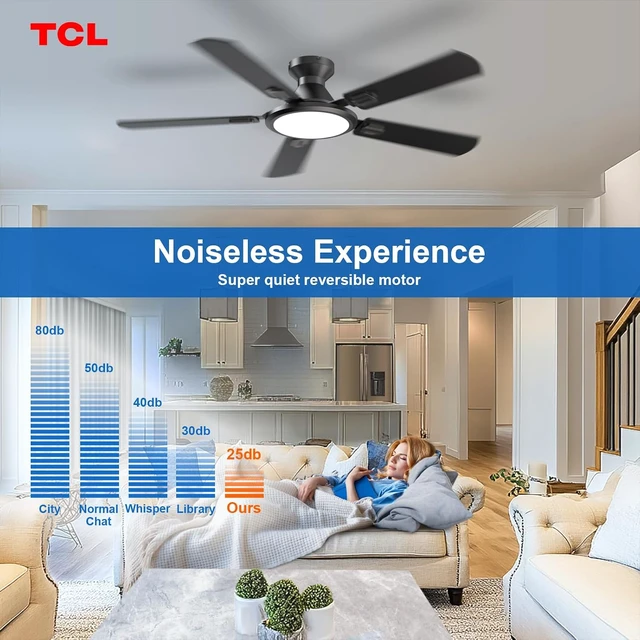 Alt view image 4 of 7 - TCL Ceiling Fans with Lights, 52 Inch Low Profile Ceiling Fan with Light and Remote Control, Flush Mount, DC Reversible Motor, Noiseless, 6 Speeds Ceiling Fan for Bedroom (Black)