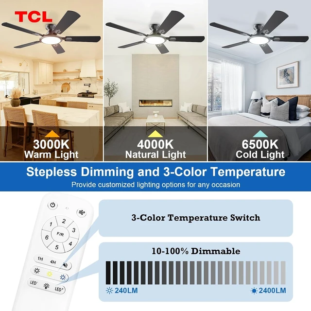 Alt view image 5 of 7 - TCL Ceiling Fans with Lights, 52 Inch Low Profile Ceiling Fan with Light and Remote Control, Flush Mount, DC Reversible Motor, Noiseless, 6 Speeds Ceiling Fan for Bedroom (Black)