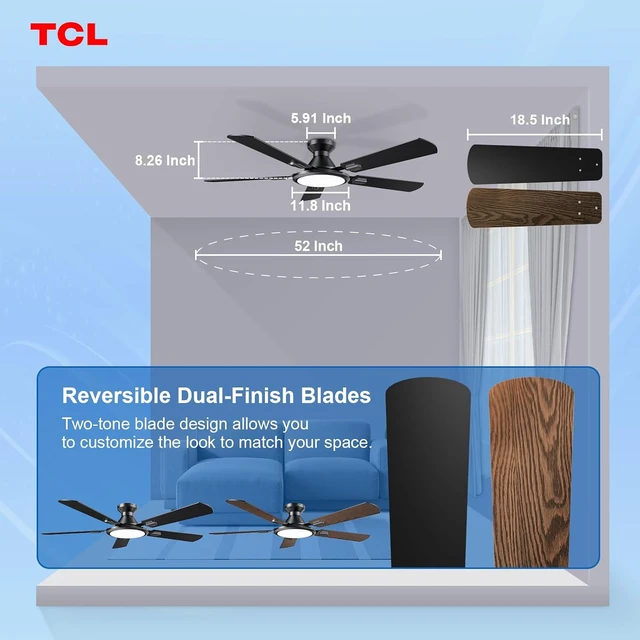 Alt view image 7 of 7 - TCL Ceiling Fans with Lights, 52 Inch Low Profile Ceiling Fan with Light and Remote Control, Flush Mount, DC Reversible Motor, Noiseless, 6 Speeds Ceiling Fan for Bedroom (Black)