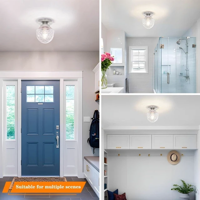 Alt view image 3 of 7 - DSMJFU Brushed Nickel Semi Flush Mount Ceiling Light, Small Blowing Clear Glass Shade Ceiling Light Fixtures for Bedroom Closet Bathroom Hallway Kitchen