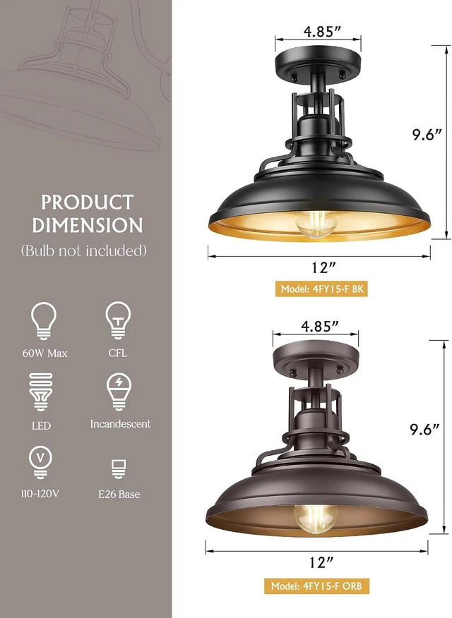Alt view image 2 of 7 - FEMILA Farmhouse Semi Flush Outdoor Ceiling Light, Oil-Rubbed Bronze