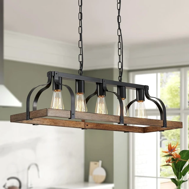 Main image of WUZUPS 5-Light Metal Chandelier Imitation Wood Grain Linear Pendant Ceiling Lighting Rustic Farmhouse Fixture Kitchen Island Dining Room, H 8.5" L 31.5" W10, E26 Base, Black & Retro Wood