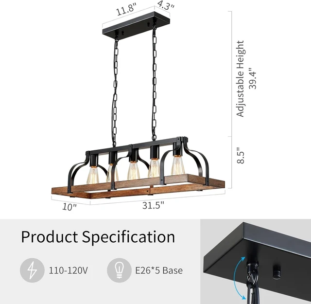 Alt view image 2 of 7 - WUZUPS 5-Light Metal Chandelier Imitation Wood Grain Linear Pendant Ceiling Lighting Rustic Farmhouse Fixture Kitchen Island Dining Room, H 8.5" L 31.5" W10, E26 Base, Black & Retro Wood