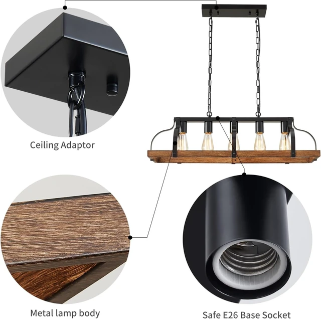 Alt view image 3 of 7 - WUZUPS 5-Light Metal Chandelier Imitation Wood Grain Linear Pendant Ceiling Lighting Rustic Farmhouse Fixture Kitchen Island Dining Room, H 8.5" L 31.5" W10, E26 Base, Black & Retro Wood