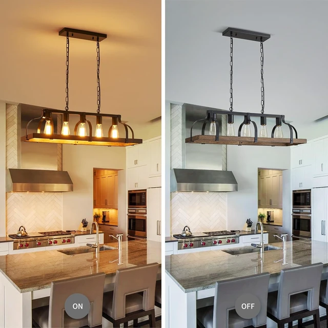 Alt view image 4 of 7 - WUZUPS 5-Light Metal Chandelier Imitation Wood Grain Linear Pendant Ceiling Lighting Rustic Farmhouse Fixture Kitchen Island Dining Room, H 8.5" L 31.5" W10, E26 Base, Black & Retro Wood