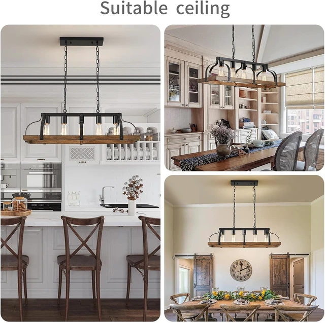 Alt view image 6 of 7 - WUZUPS 5-Light Metal Chandelier Imitation Wood Grain Linear Pendant Ceiling Lighting Rustic Farmhouse Fixture Kitchen Island Dining Room, H 8.5" L 31.5" W10, E26 Base, Black & Retro Wood