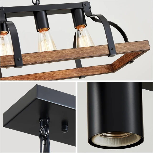 Alt view image 5 of 7 - WUZUPS 5-Light Metal Chandelier Imitation Wood Grain Linear Pendant Ceiling Lighting Rustic Farmhouse Fixture Kitchen Island Dining Room, H 8.5" L 31.5" W10, E26 Base, Black & Retro Wood