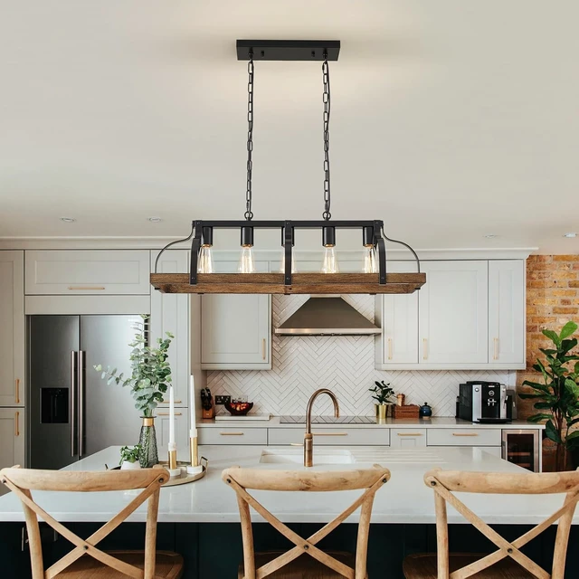 Alt view image 7 of 7 - WUZUPS 5-Light Metal Chandelier Imitation Wood Grain Linear Pendant Ceiling Lighting Rustic Farmhouse Fixture Kitchen Island Dining Room, H 8.5" L 31.5" W10, E26 Base, Black & Retro Wood