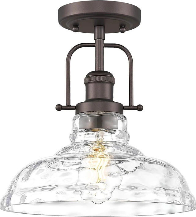 Main image of FEMILA 11" Farmhouse Flush Mount Ceiling Light Fixture, Semi Flush Kitchen and Bedroom Ceiling Light with Water Ripple Glass Shade, Oil Rubbed Bronze, Rustic Industrial Lighting, 4FY09-F ORB-WG