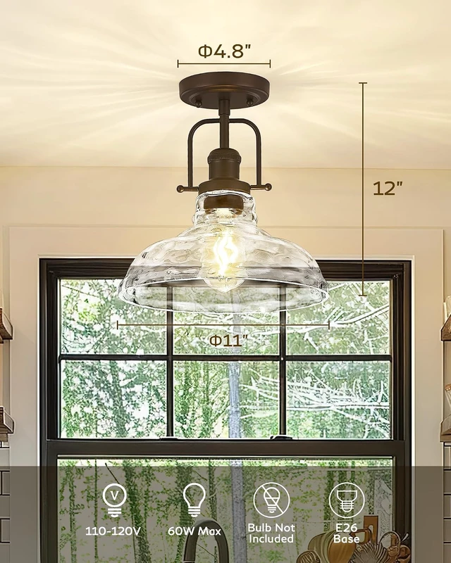Alt view image 2 of 7 - FEMILA 11" Farmhouse Flush Mount Ceiling Light Fixture, Semi Flush Kitchen and Bedroom Ceiling Light with Water Ripple Glass Shade, Oil Rubbed Bronze, Rustic Industrial Lighting, 4FY09-F ORB-WG
