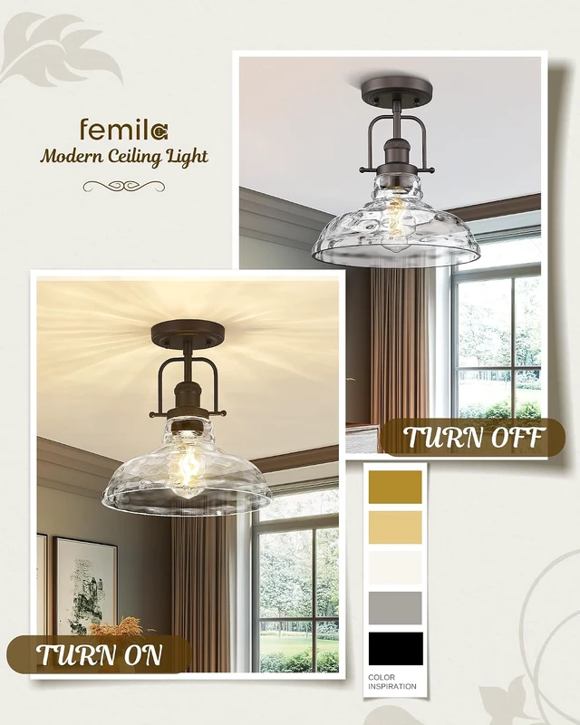 Alt view image 6 of 7 - FEMILA 11" Farmhouse Flush Mount Ceiling Light Fixture, Semi Flush Kitchen and Bedroom Ceiling Light with Water Ripple Glass Shade, Oil Rubbed Bronze, Rustic Industrial Lighting, 4FY09-F ORB-WG