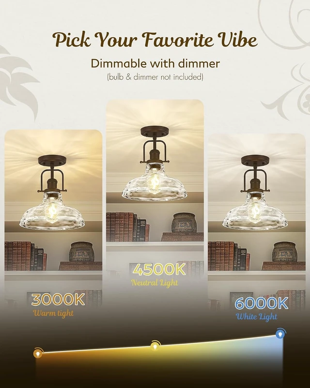 Alt view image 5 of 7 - FEMILA 11" Farmhouse Flush Mount Ceiling Light Fixture, Semi Flush Kitchen and Bedroom Ceiling Light with Water Ripple Glass Shade, Oil Rubbed Bronze, Rustic Industrial Lighting, 4FY09-F ORB-WG