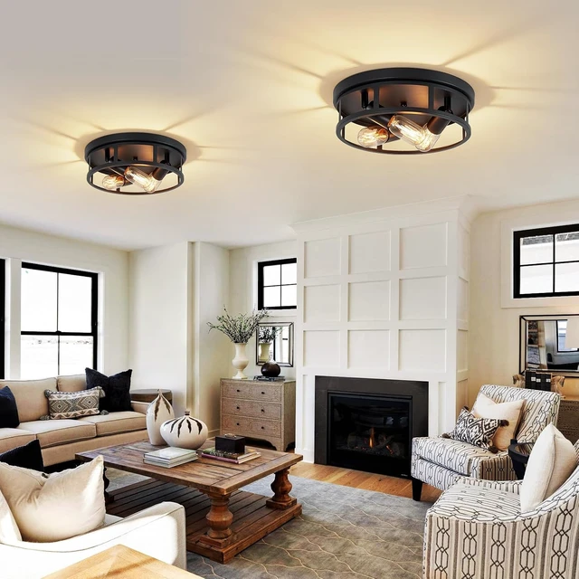 Alt view image 2 of 6 - 2 Pack Farmhouse Flush Mount Ceiling Lights,3-Light Black Hallway Light fixtures,Rustic Semi Flush Mount Lighting for Kitchen Dining Room Entryway Hall,E26 Base