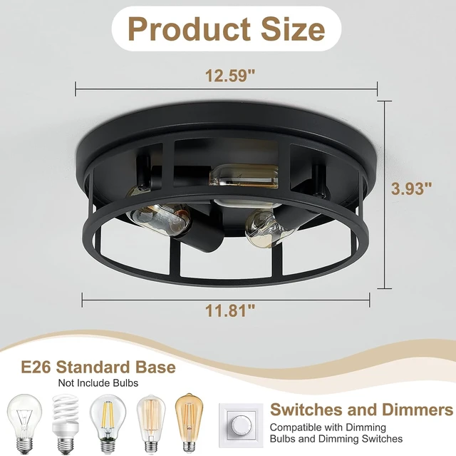 Alt view image 3 of 6 - 2 Pack Farmhouse Flush Mount Ceiling Lights,3-Light Black Hallway Light fixtures,Rustic Semi Flush Mount Lighting for Kitchen Dining Room Entryway Hall,E26 Base