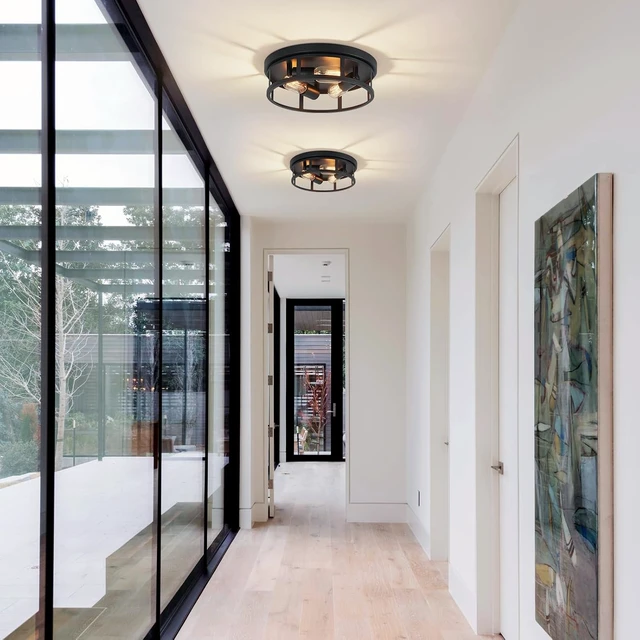 Alt view image 4 of 6 - 2 Pack Farmhouse Flush Mount Ceiling Lights,3-Light Black Hallway Light fixtures,Rustic Semi Flush Mount Lighting for Kitchen Dining Room Entryway Hall,E26 Base
