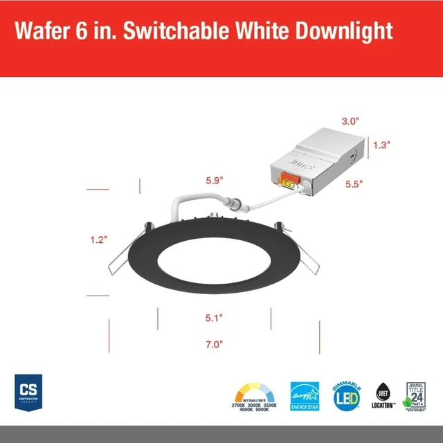 Alt view image 5 of 6 - Juno 6" LED Recessed Light, 5-in-1 CCT, Ultra-Thin Flat Trim, Black, 6-Pk
