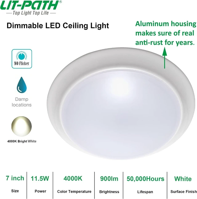 Alt view image 2 of 7 - LIT-PaTH LED Ceiling Light Fixture, Damp Location Rated, Dimmable, 7 Inch