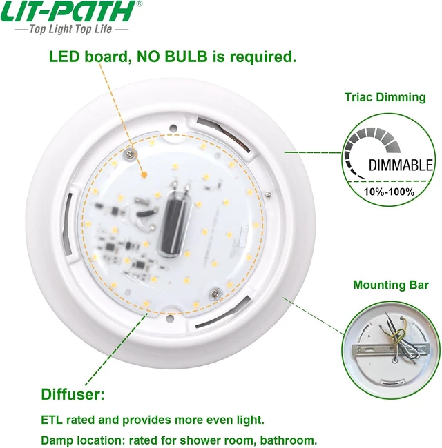 Alt view image 3 of 7 - LIT-PaTH LED Ceiling Light Fixture, Damp Location Rated, Dimmable, 7 Inch