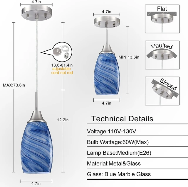 Alt view image 2 of 7 - Viinew Mini Glass Pendant Light,1-Pack Blue Marble Glass Pendant Lights
