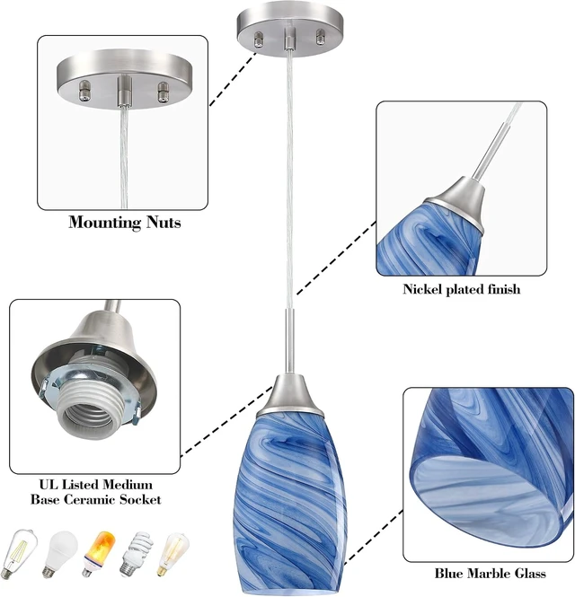 Alt view image 6 of 7 - Viinew Mini Glass Pendant Light,1-Pack Blue Marble Glass Pendant Lights