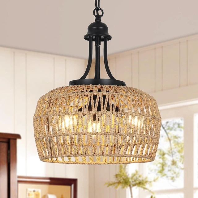 Main image of HMVPL Farmhouse Chandelier for Dining Room, 3-Light Boho Rattan Chandelier Light Fixture Ceiling Hanging with Woven Lampshade, Small Wicker Coastal Pendant Light for Kitchen Bedroom Island Hallway