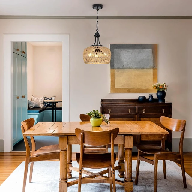Alt view image 3 of 7 - HMVPL Farmhouse Chandelier for Dining Room, 3-Light Boho Rattan Chandelier Light Fixture Ceiling Hanging with Woven Lampshade, Small Wicker Coastal Pendant Light for Kitchen Bedroom Island Hallway