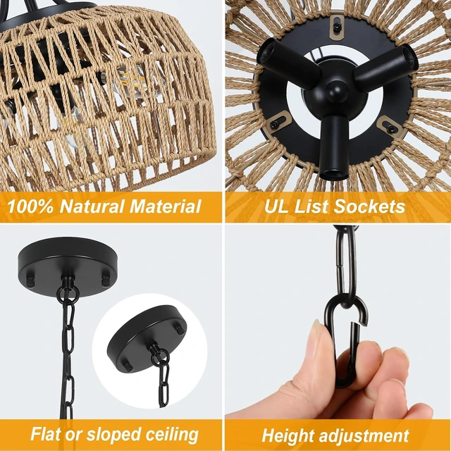 Alt view image 6 of 7 - HMVPL Farmhouse Chandelier for Dining Room, 3-Light Boho Rattan Chandelier Light Fixture Ceiling Hanging with Woven Lampshade, Small Wicker Coastal Pendant Light for Kitchen Bedroom Island Hallway