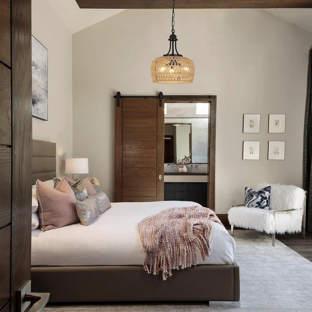 Alt view image 7 of 7 - HMVPL Farmhouse Chandelier for Dining Room, 3-Light Boho Rattan Chandelier Light Fixture Ceiling Hanging with Woven Lampshade, Small Wicker Coastal Pendant Light for Kitchen Bedroom Island Hallway