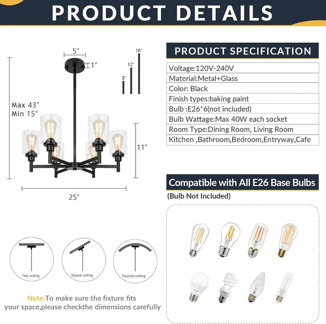 Alt view image 3 of 7 - Black Farmhouse Chandeliers for Dining Room Light Fixtures Over Table