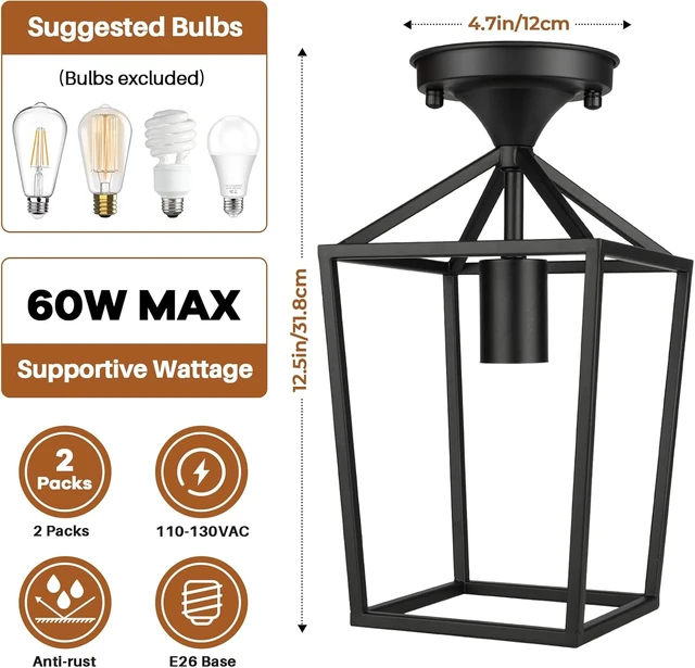 Alt view image 3 of 7 - BesLowe 2-Pack Farmhouse Semi Flush Mount Ceiling Light Fixtures, Black