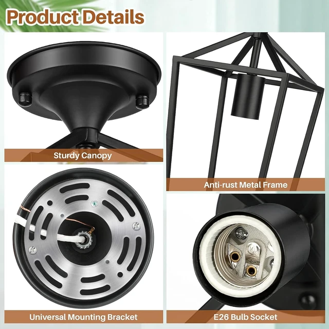 Alt view image 5 of 7 - BesLowe 2-Pack Farmhouse Semi Flush Mount Ceiling Light Fixtures, Black